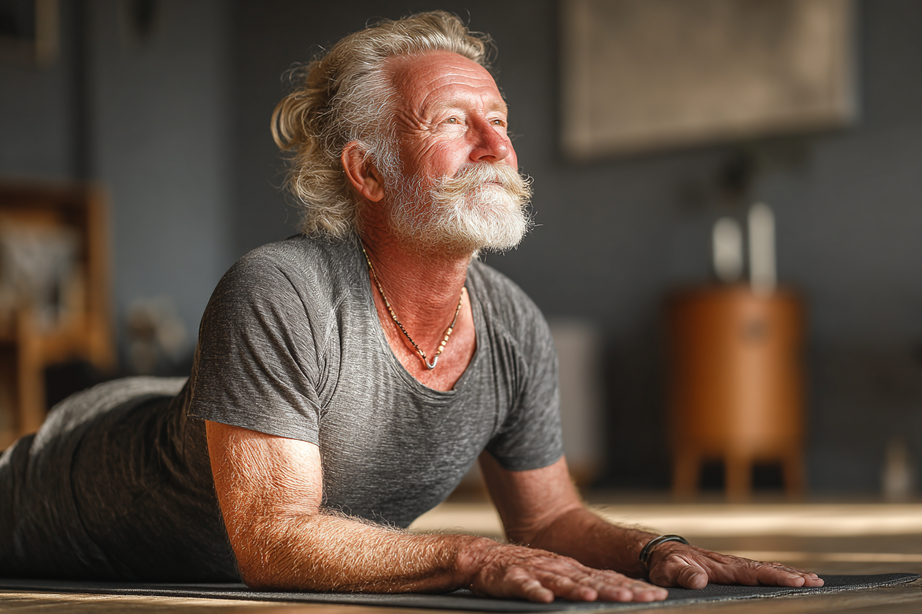 Група людей старшого віку практикує йогу на свіжому повітрі